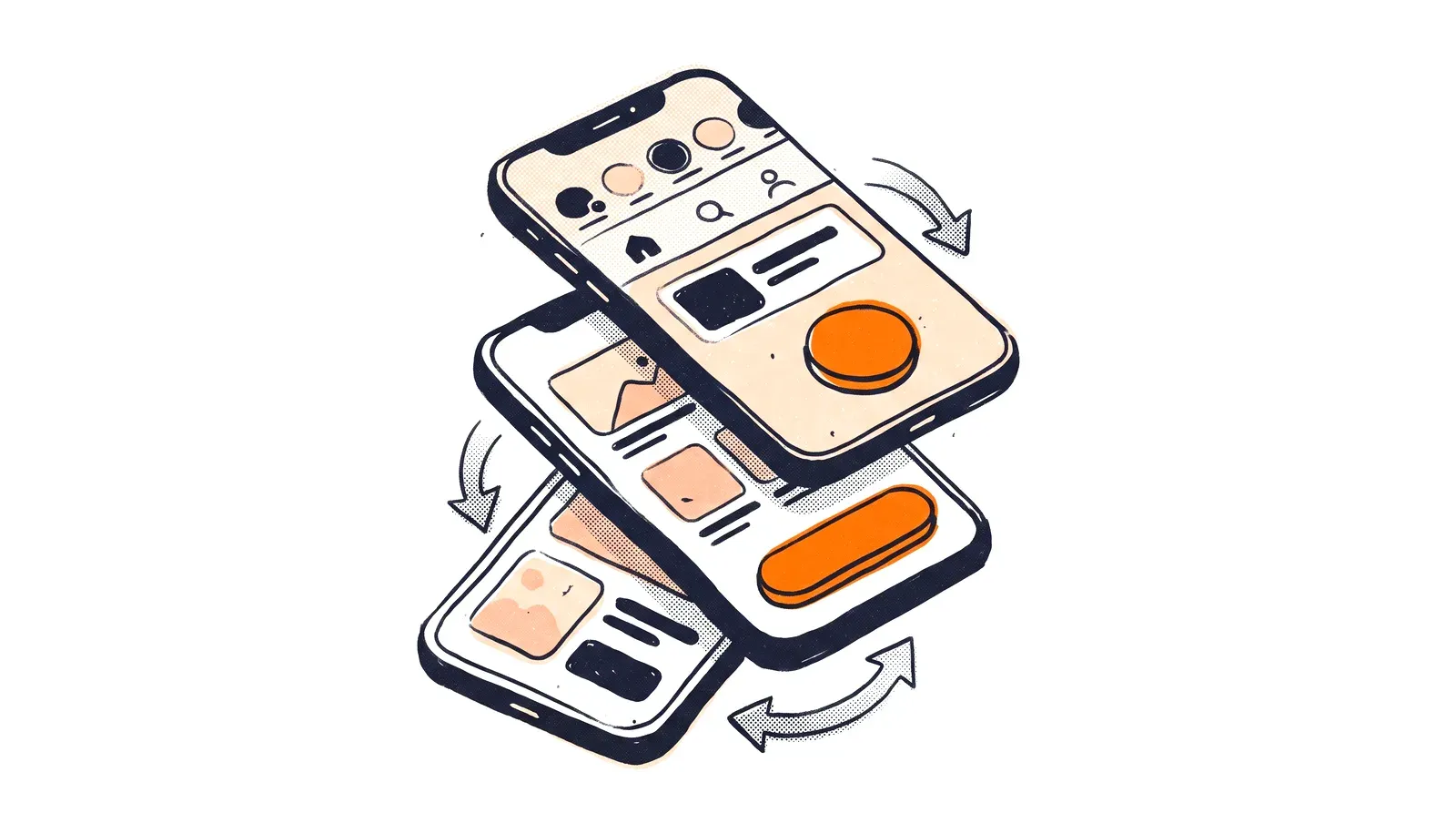 Ilustracja projektowania aplikacji mobilnej - kilka ekranów telefonu z pomarańczowym przyciskiem i przepływem między nimi