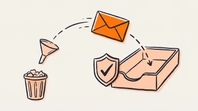 Ilustracja w stylu druku: pomarańczowa koperta lecąca łukiem obok filtra i tarczy do skrzynki odbiorczej, z pominięciem kosza spamu - dostarczalność newslettera