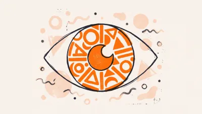 Ilustracja w stylu druku: oko, którego tęczówka zbudowana jest z pomarańczowych figur geometrycznych - logo przyciągające uwagę