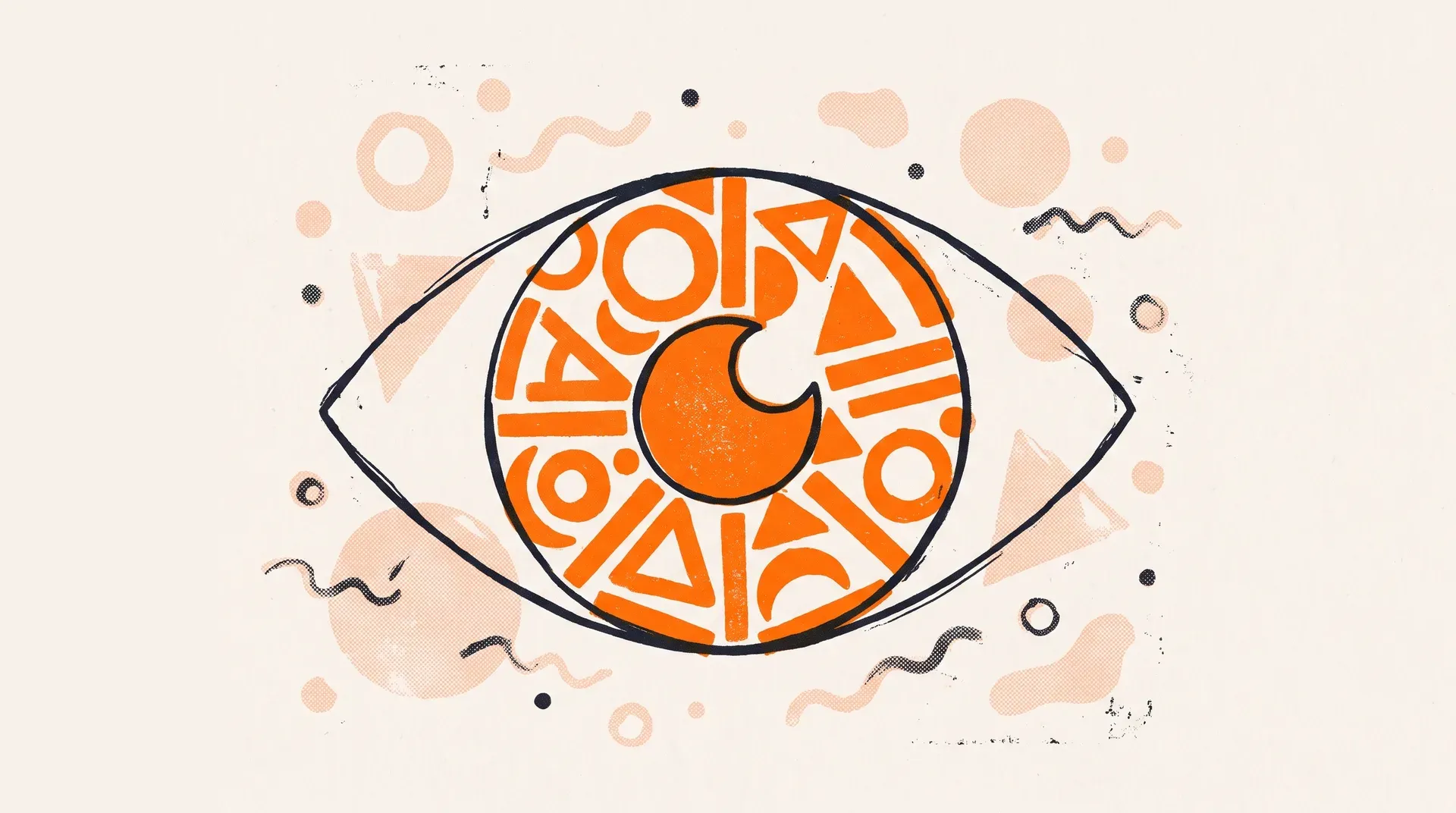 Ilustracja w stylu druku: oko, którego tęczówka zbudowana jest z pomarańczowych figur geometrycznych - logo przyciągające uwagę