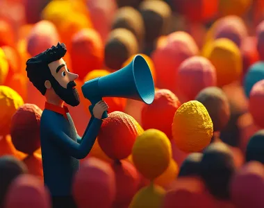 Ilustracja 3D mężczyzny z megafonem wyróżniającego się w kolorowym tłumie - koncepcja reklamy internetowej