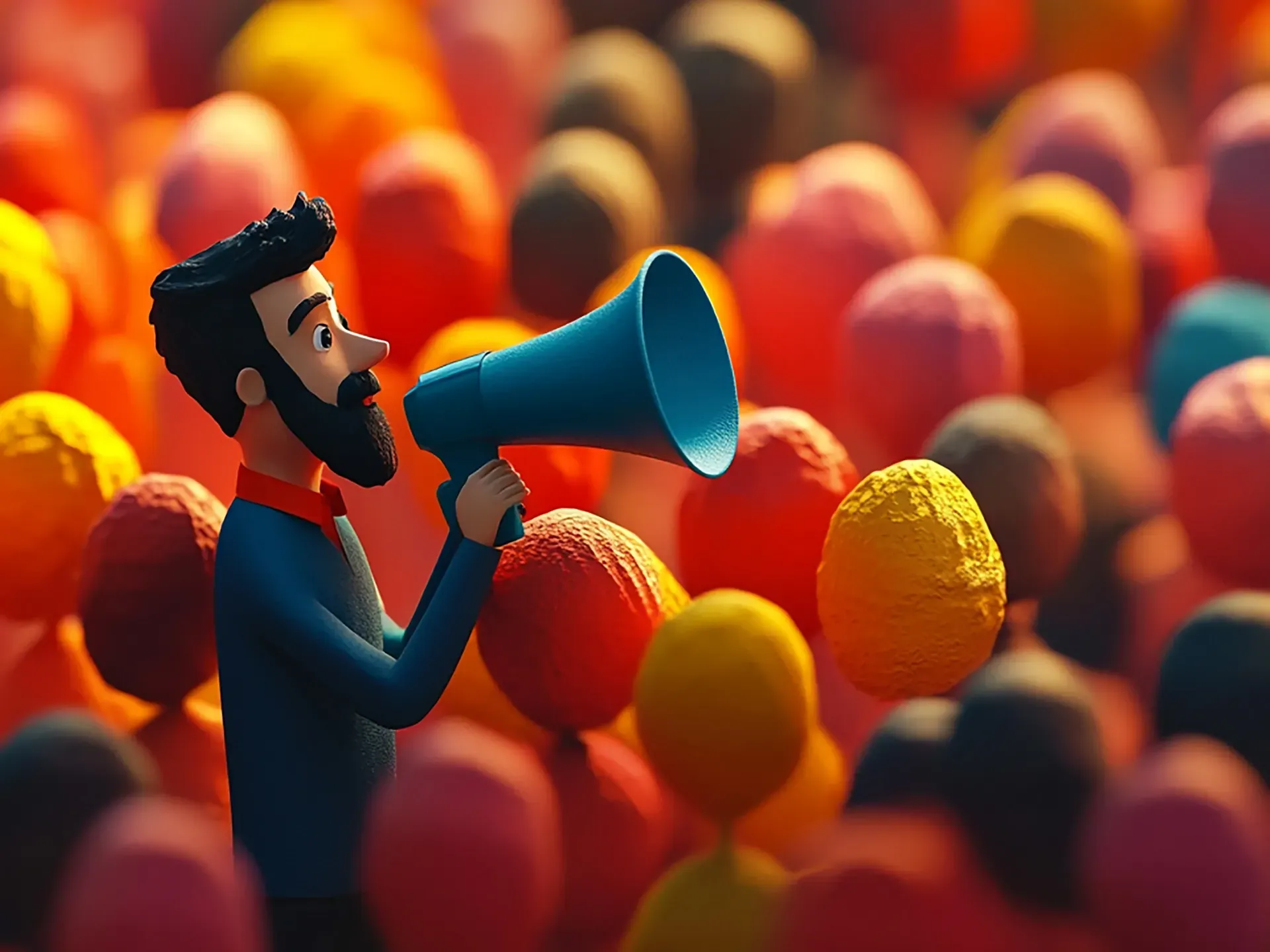 Ilustracja 3D mężczyzny z megafonem wyróżniającego się w kolorowym tłumie - koncepcja reklamy internetowej