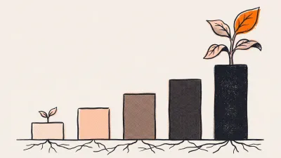 Ilustracja w stylu druku: pięć rosnących słupków wykresu z korzeniami pod ziemią, z najniższego wyrasta sadzonka, z najwyższego dojrzała roślina z pomarańczowym liściem - wzrost pozycji w czasie