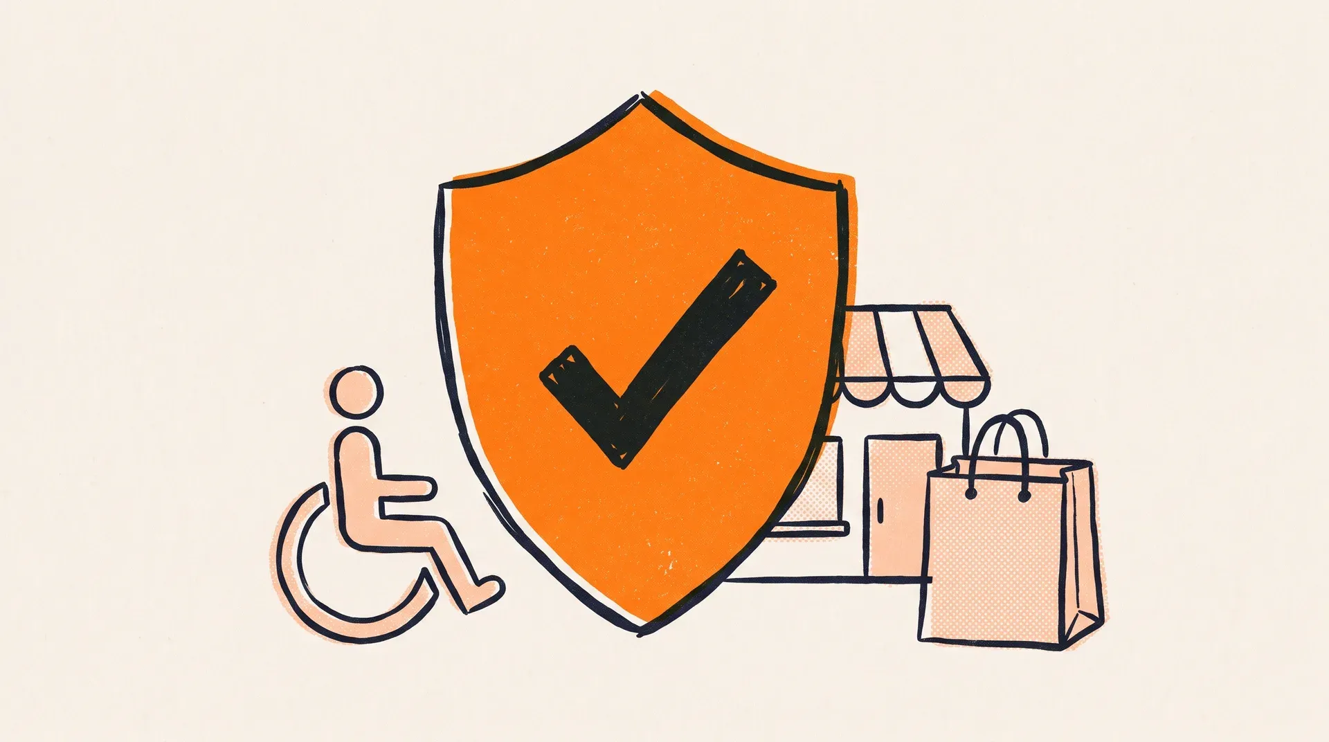 Ilustracja w stylu druku: pomarańczowa tarcza ze znakiem wyboru, piktogram osoby na wózku i witryna sklepu - zgodność e-commerce z Aktem o dostępności