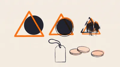 Ilustracja w stylu druku: znak firmowy z trójkąta i koła odbity trzy razy w malejącej skali, pod nim pusta metka na sznurku i trzy monety