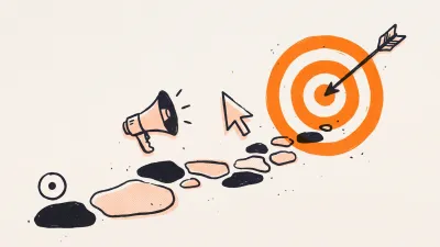 Ilustracja w stylu druku: ścieżka z kamieni prowadząca obok megafonu do tarczy strzeleckiej ze strzałą w środku - planowanie skutecznej kampanii reklamowej
