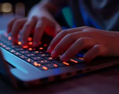 Zbliżenie na ręce osoby korzystającej z laptopa w celu stworzenia strony typu one-page