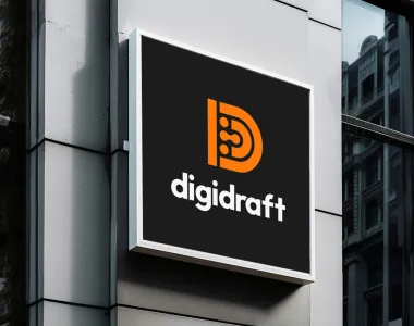 Logotyp agencji marketingowej DigiDraft umieszczony na ścianie wieżowca