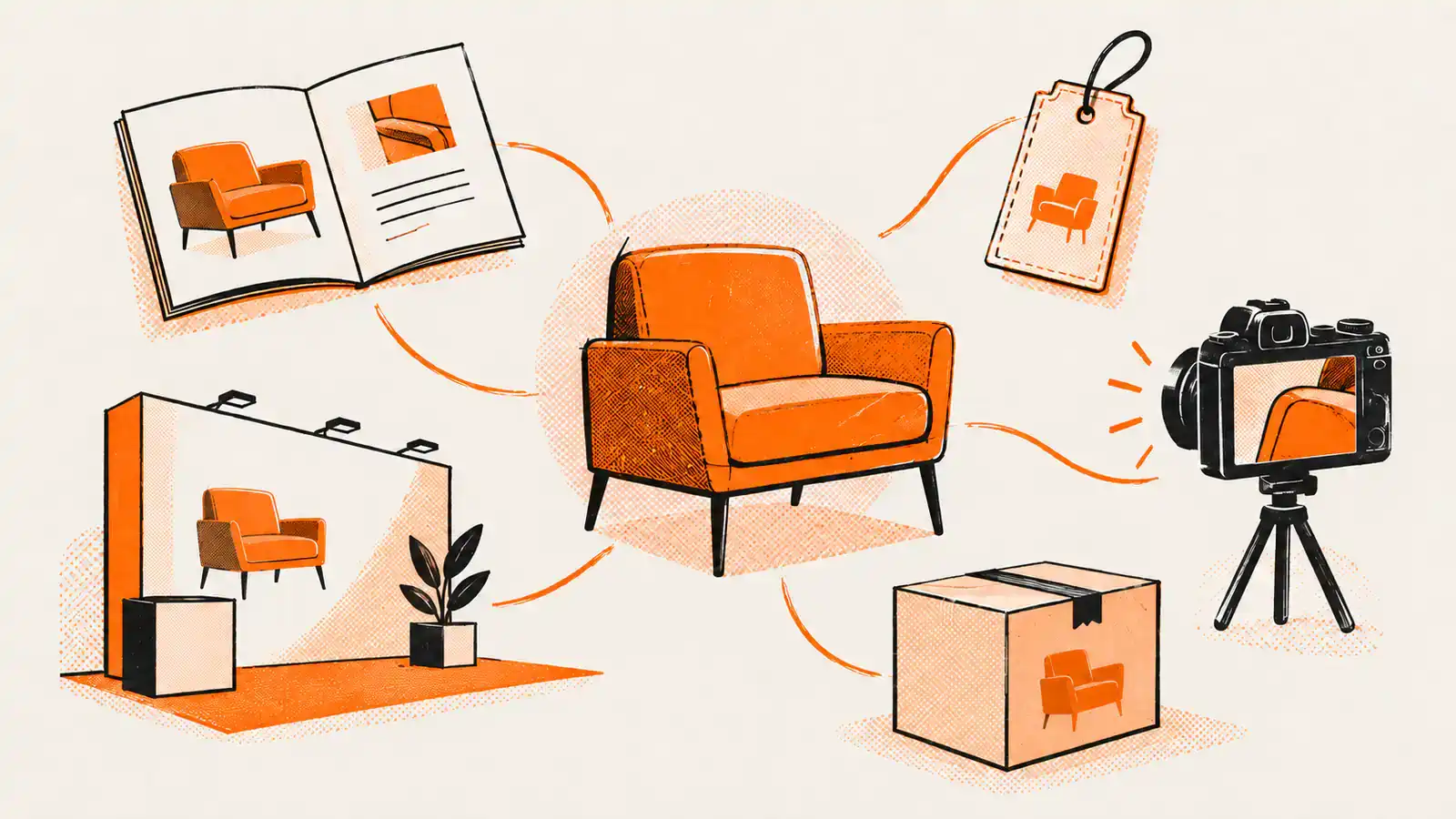 Riso illustration of an armchair connected to a product catalogue, tag, exhibition stand, camera and packaging