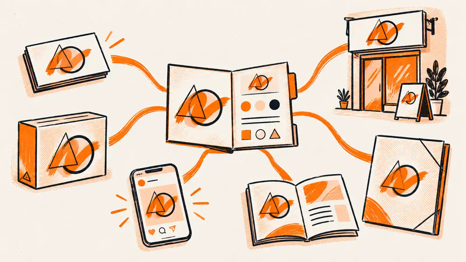 Riso illustration of an identity manual connected to a business card, packaging, sign, phone, catalogue and company folder