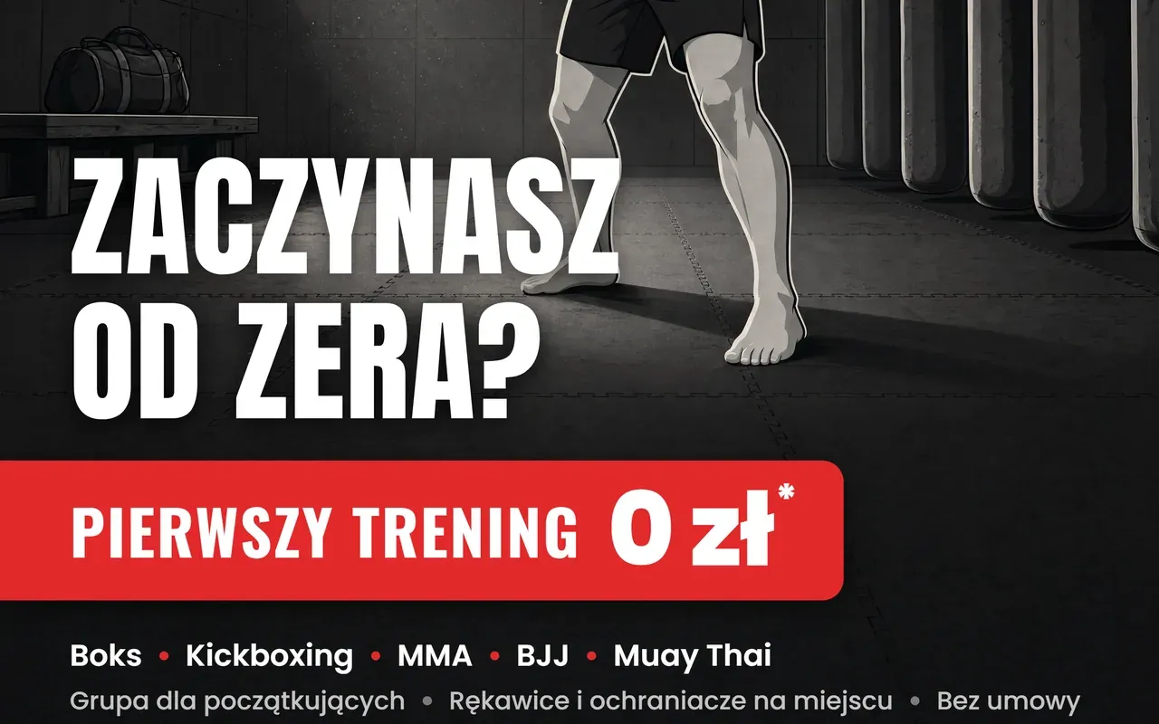 Plakat A4 klubu Berserkers Team Rzeszów: nagłówek „Zaczynasz od zera?” nad czerwonym paskiem „Pierwszy trening 0 zł”