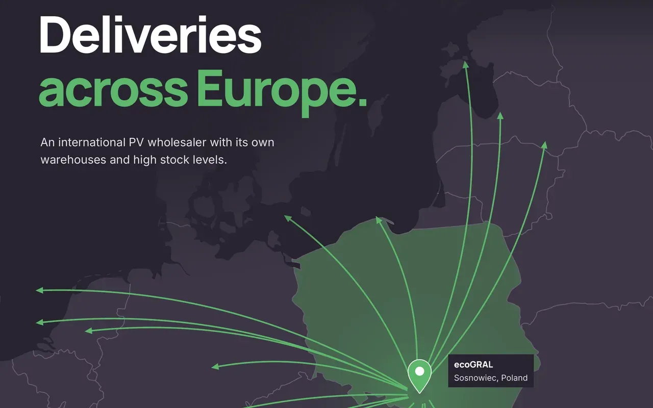 Okładka ulotki A4 ecoGRAL: tytuł „Deliveries across Europe.” nad ciemną mapą Europy z zieloną Polską, pinezką w Sosnowcu i zielonymi strzałkami kierunków dostaw