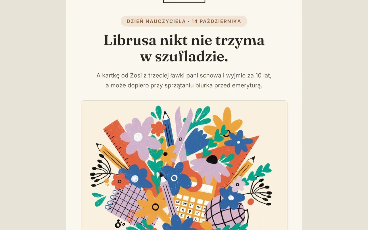 Mail PIESKOT na Dzień Nauczyciela: logo marki między hasłami „kartki z duszą” i „trafiają do serca”, nagłówek „Librusa nikt nie trzyma w szufladzie.” i kartka „Bukiet Wiedzy” z kwiatami, ołówkami i linijką.