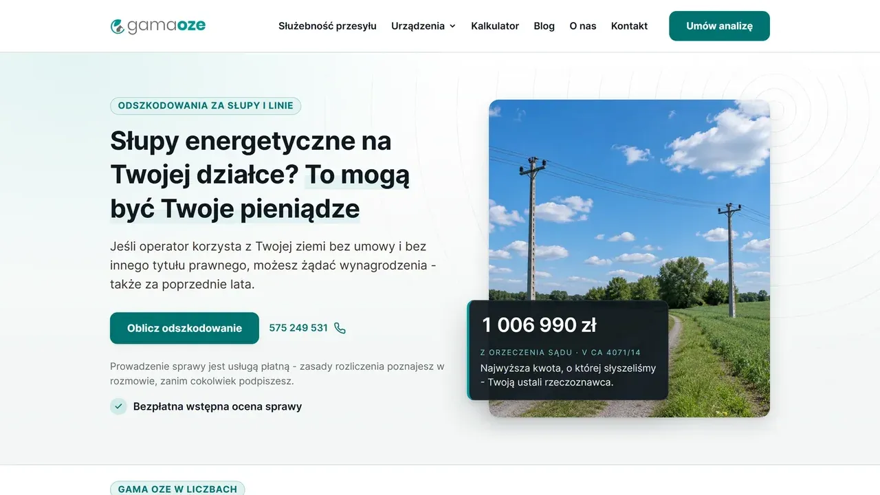Strona główna wynagrodzeniezaslupy.pl - serwis lead-gen z kalkulatorem odszkodowań za słupy energetyczne