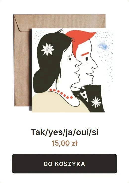 Kartka „Tak/yes/ja/oui/si” na tle brązowej koperty: dwa profile, ciemnowłosa kobieta z kwiatem we włosach i rudy mężczyzna.