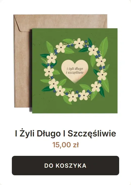 Kartka „I Żyli Długo I Szczęśliwie” na tle brązowej koperty: wianek z białych kwiatów na zielonym tle i serce z napisem w środku.