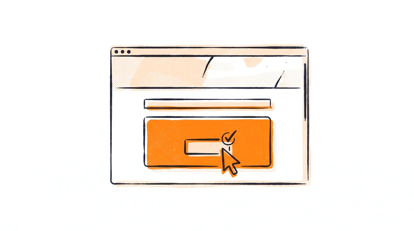 Ilustracja landing page - skupiona strona z pomarańczowym formularzem kontaktowym i kursorem wysyłającym zgłoszenie