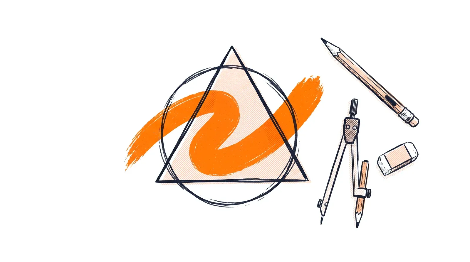 Ilustracja projektowania logo - deska kreślarska ze znakiem powstającym z figur i pomarańczowego pociągnięcia pędzla