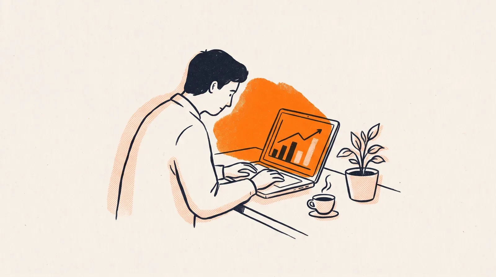 Marketingowiec przy laptopie analizuje wykres wzrostu - ilustracja pracy agencji marketingowej