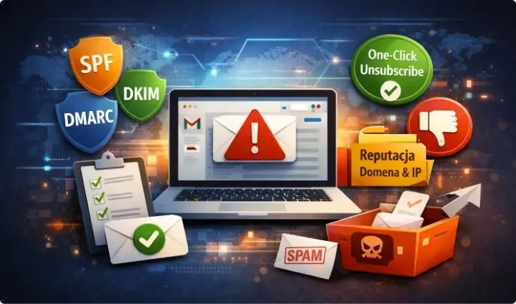 Dostarczalność newslettera w 2026 - wymagania Gmail i Yahoo, SPF, DKIM, DMARC, one-click unsubscribe oraz reputacja domeny.