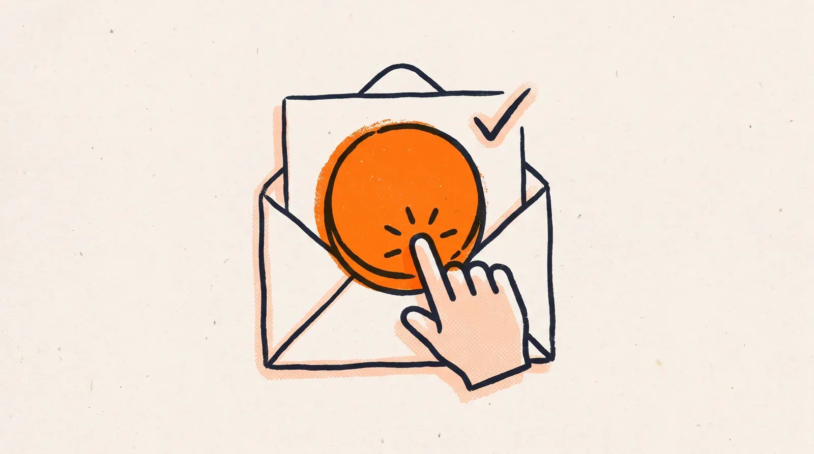 One-click unsubscribe - palec dotyka pomarańczowego przycisku wypisania wewnątrz koperty newslettera