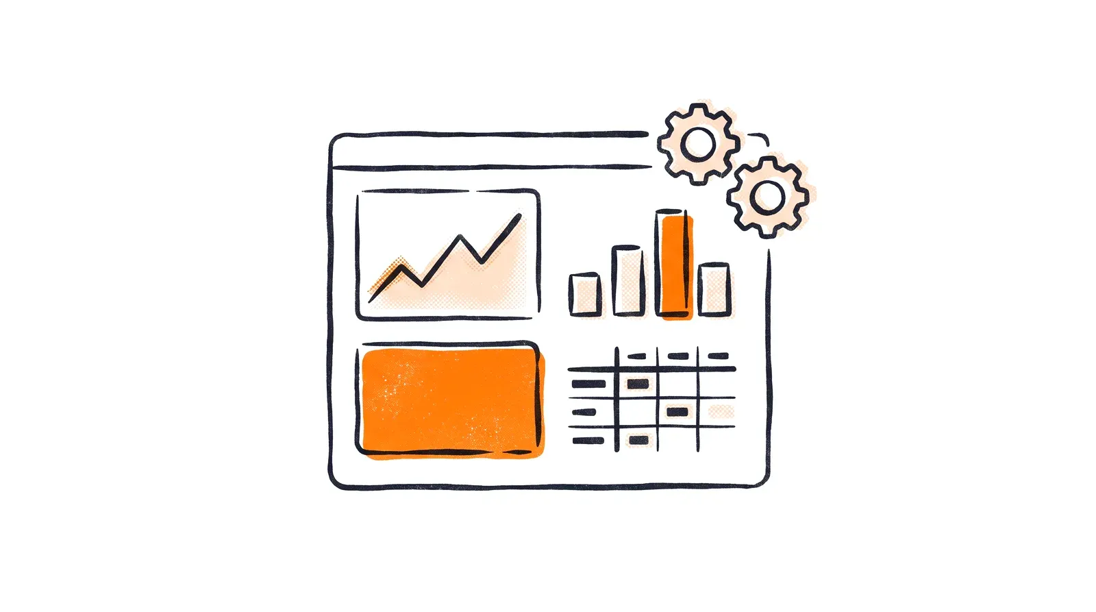 Ilustracja oprogramowania dla firm - dashboard z wykresami i pomarańczową kartą KPI