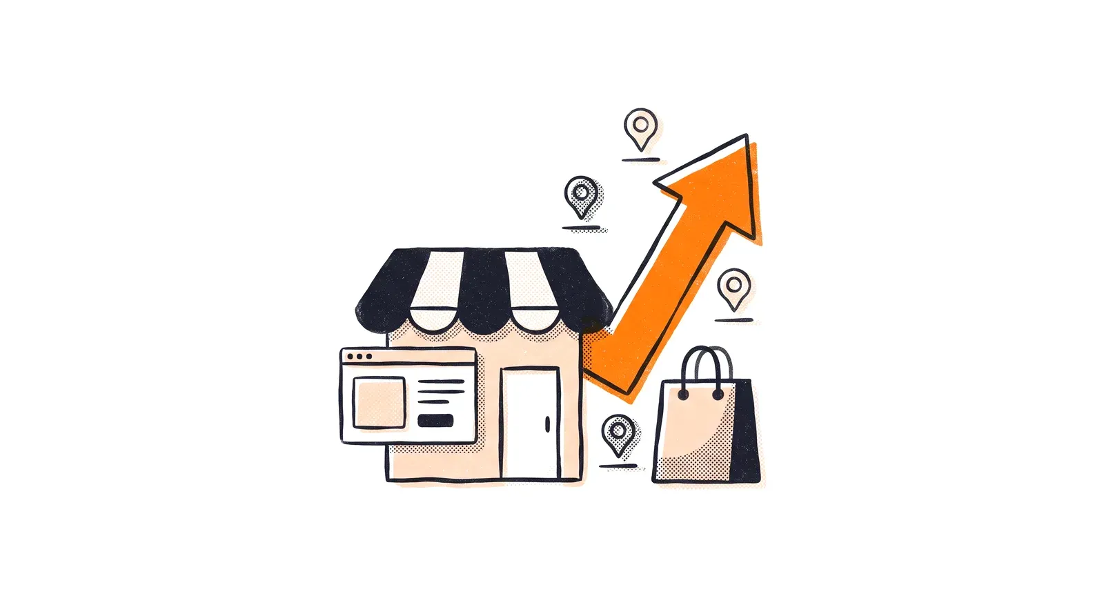 Ilustracja optymalizacji e-commerce - witryna sklepu z pomarańczową strzałką rosnących pozycji i torbą na zakupy