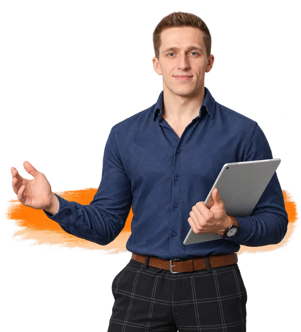 Rysowany portret Patryka Malinowskiego, założyciela DigiDraft, z tabletem w dłoni.