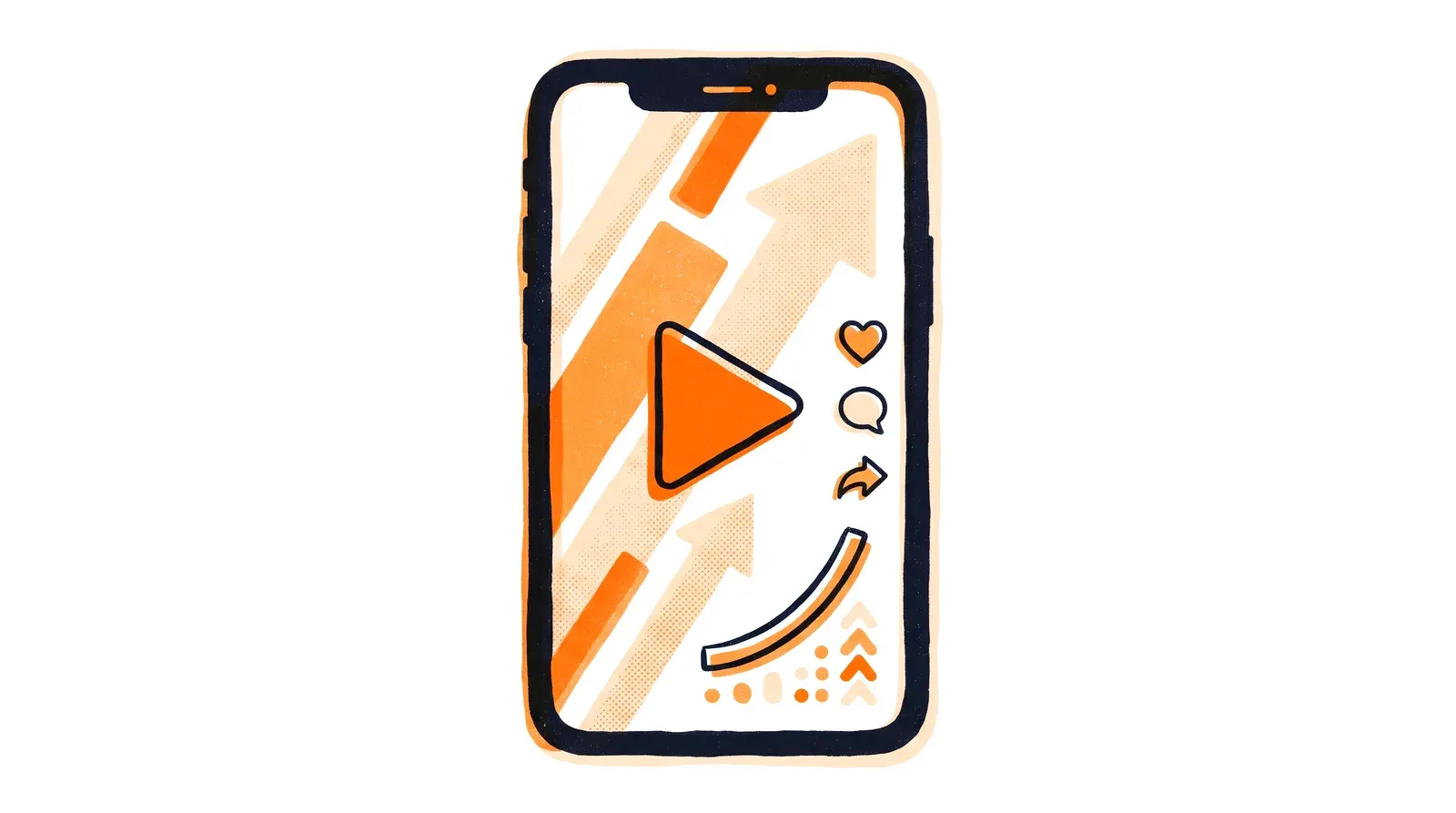 Ilustracja reklamy na TikToku - pionowy ekran telefonu z filmem, pomarańczowym akcentem i ikonami zaangażowania