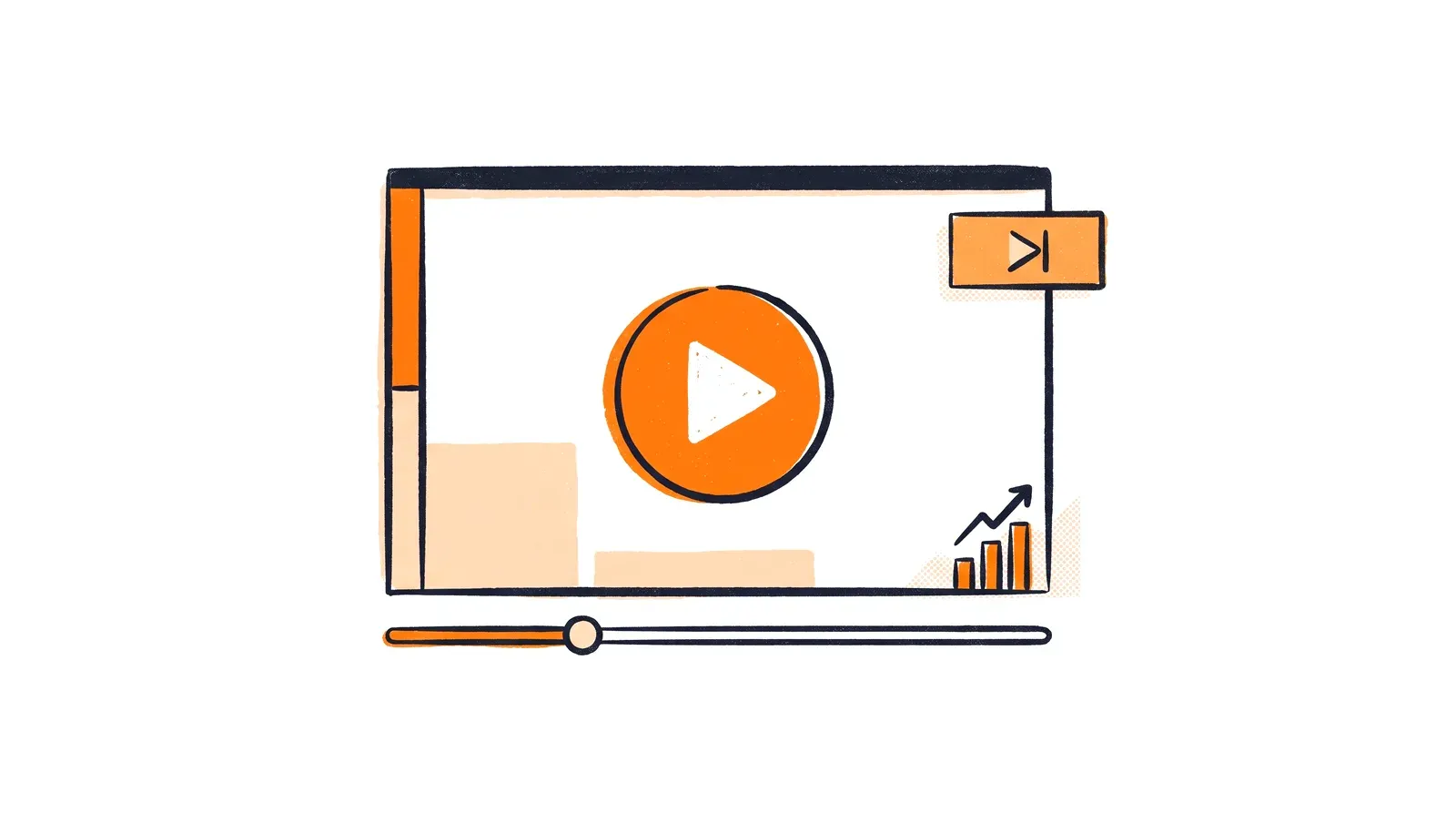 Ilustracja reklamy na YouTube - odtwarzacz wideo z pomarańczowym przyciskiem odtwarzania i rosnącym wykresem wyświetleń
