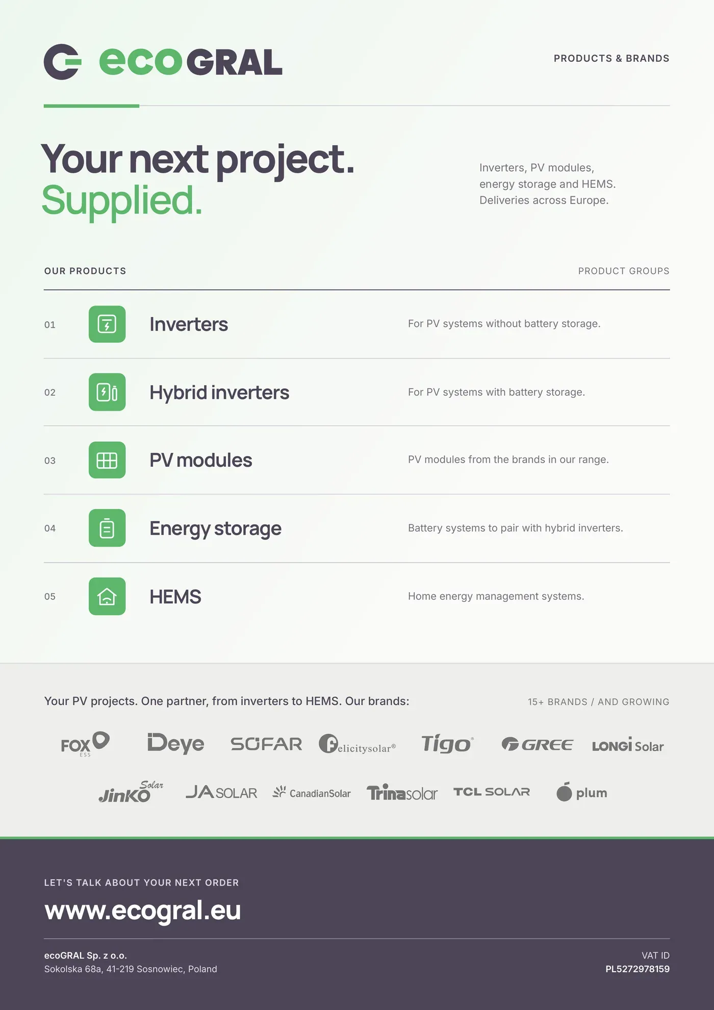 Rewers ulotki ecoGRAL: jasna strona z tytułem „Your next project. Supplied.”, pięć ponumerowanych wierszy produktów z zielonymi ikonami, szary pas trzynastu logotypów marek i śliwkowa stopka z adresem www.ecogral.eu, danymi firmy i numerem VAT.