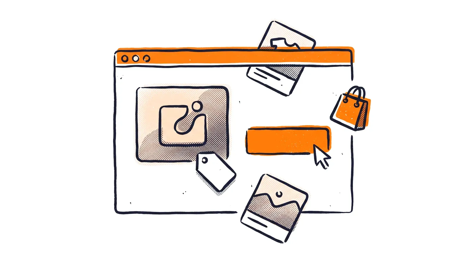 Ilustracja sklepu e-commerce - karta produktu z pomarańczowym przyciskiem dodania do koszyka i torbą na zakupy