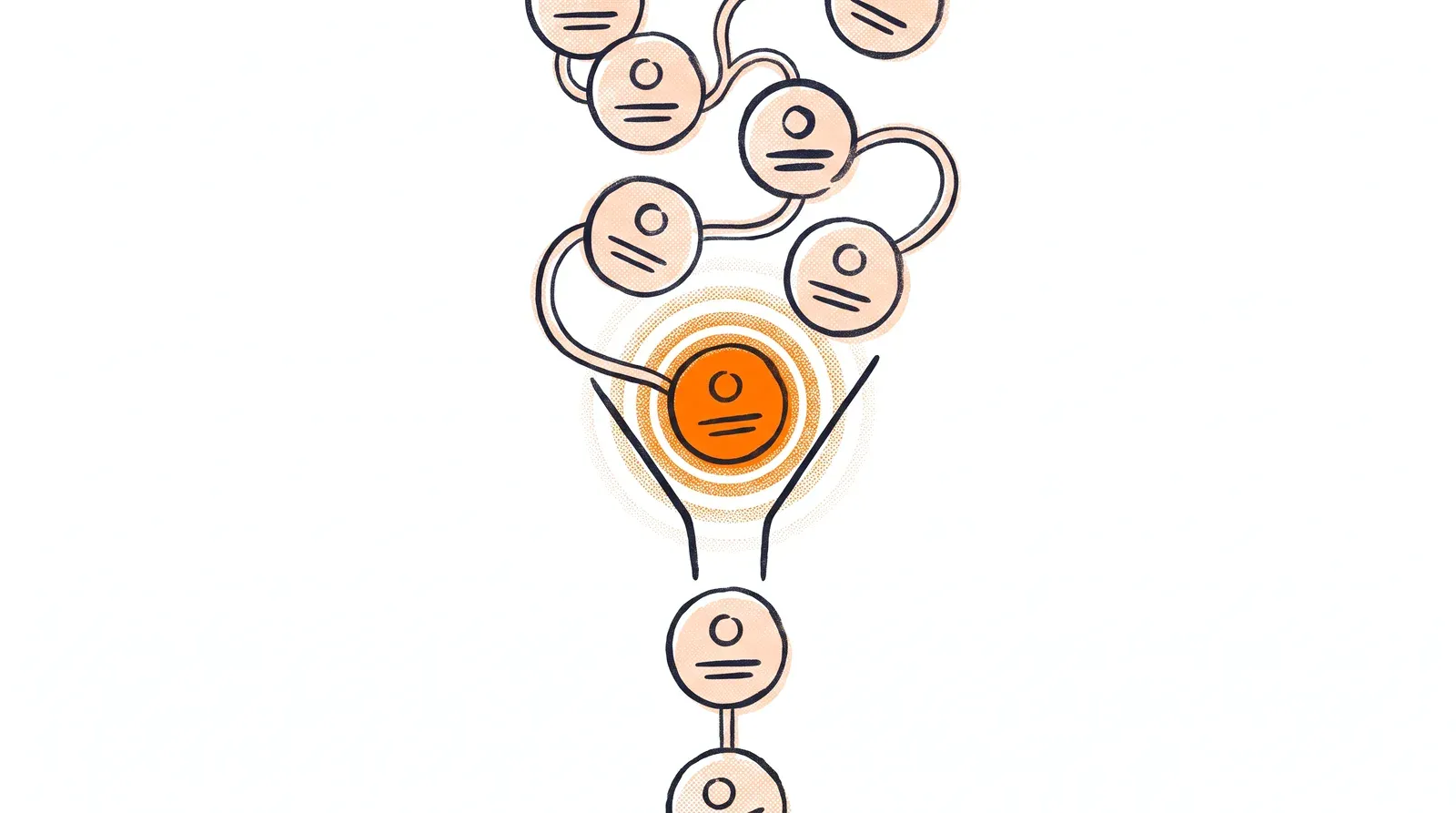Ilustracja systemu CRM - pipeline kart kontaktów przechodzących przez etapy sprzedaży z podświetloną kartą