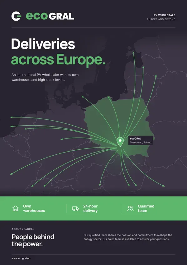 Wybrany wariant 02: ciemna okładka z tytułem „Deliveries across Europe.”, mapą i zielonym pasem atutów.