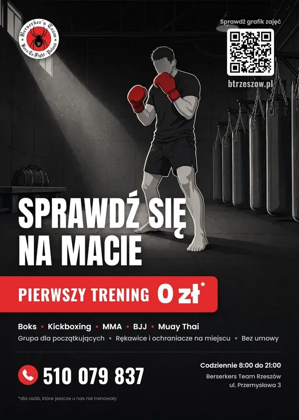 Wariant plakatu z nagłówkiem „Sprawdź się na macie” zamiast „Zaczynasz od zera?”.