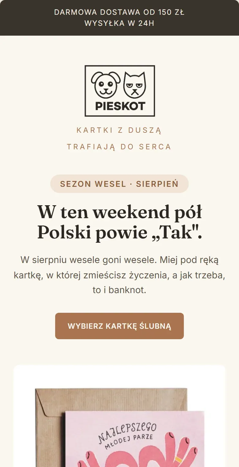 Ten sam mail „Zdążysz” na telefonie: hasła schodzą pod logo, nagłówek łamie się na dwa wiersze, a zdjęcie kartki „Gorzko, Gorzko” stoi nad jej opisem.
