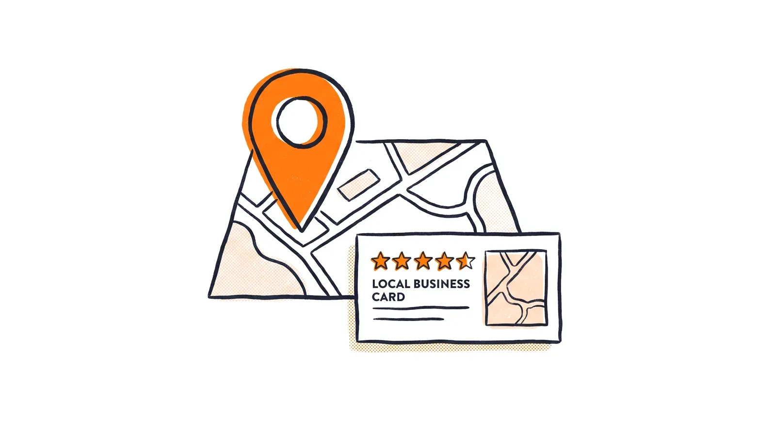 Ilustracja wizytówki Google - mapa z pomarańczową pinezką lokalizacji i kartą firmy z oceną w gwiazdkach